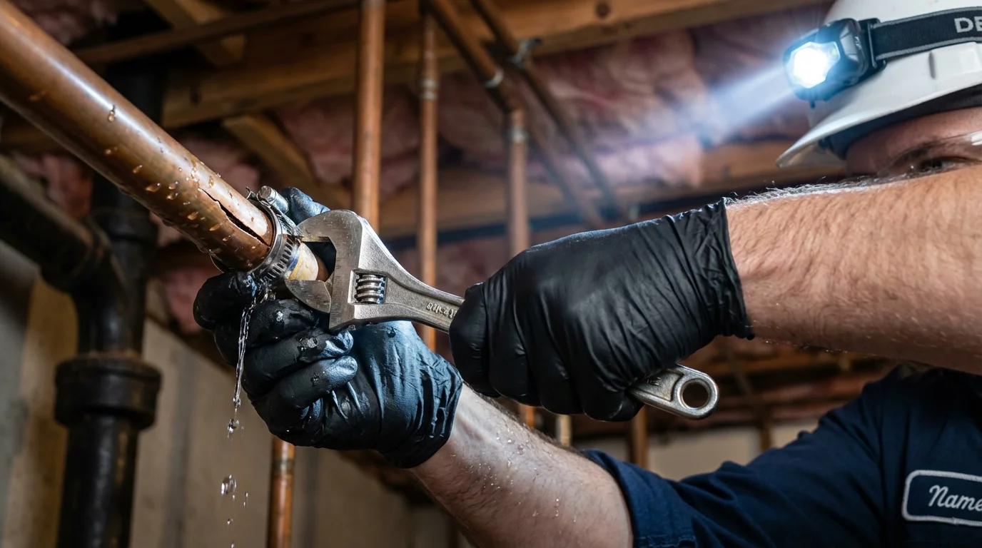 Emergency pipe clamp repair being performed by a Johns Plumbing LLC plumber in Olney